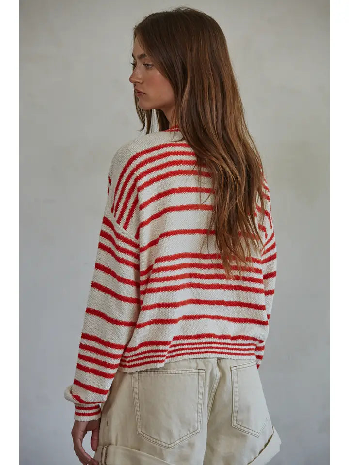 Knit Sweater Cotton Striped V-Neck Cardigan | Cropped Button-Down Cotton Cardigan