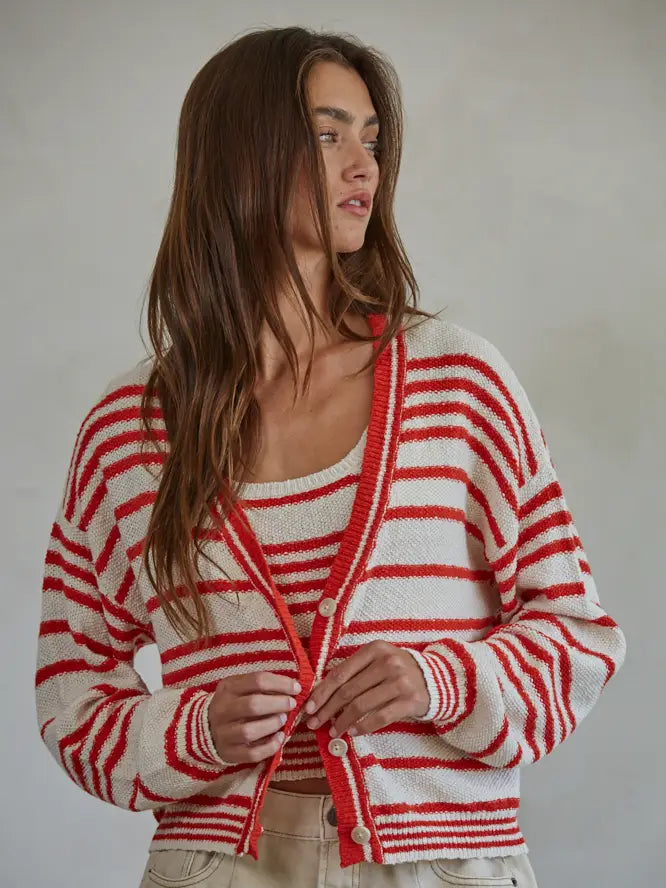 Knit Sweater Cotton Striped V-Neck Cardigan | Cropped Button-Down Cotton Cardigan