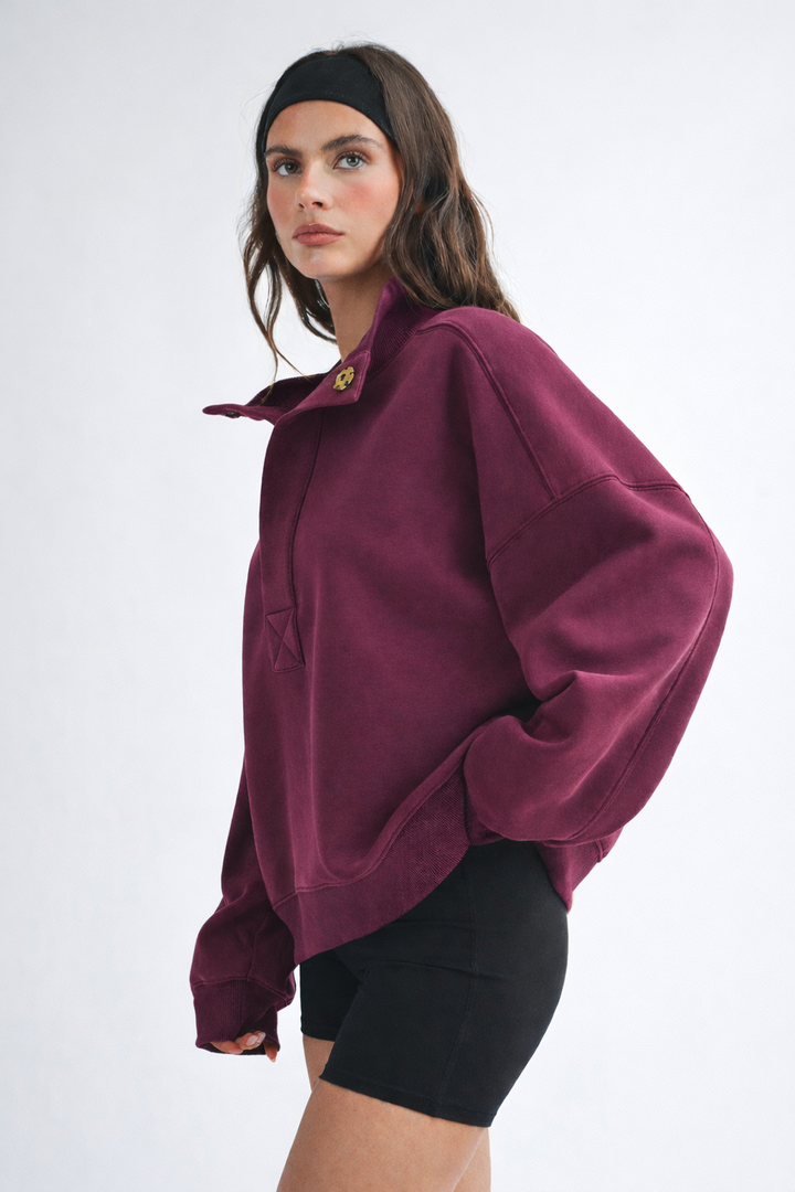 Oversized Snap Neck Pullover Sweatshirt