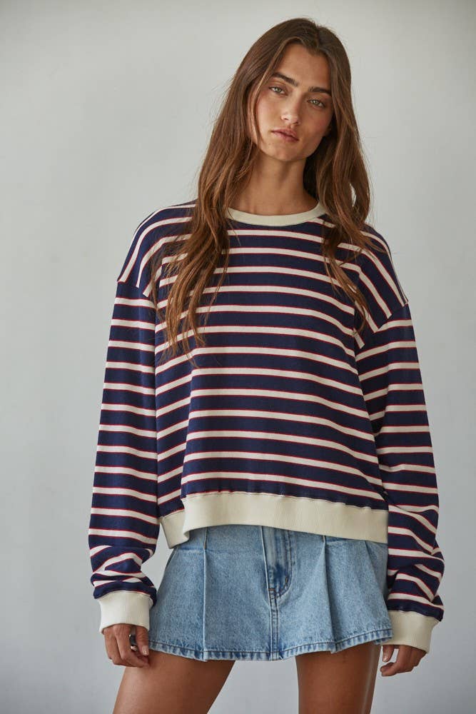 L8745 | Knit Cotton Striped Crew Neck Long Sleeve Sweatshirt