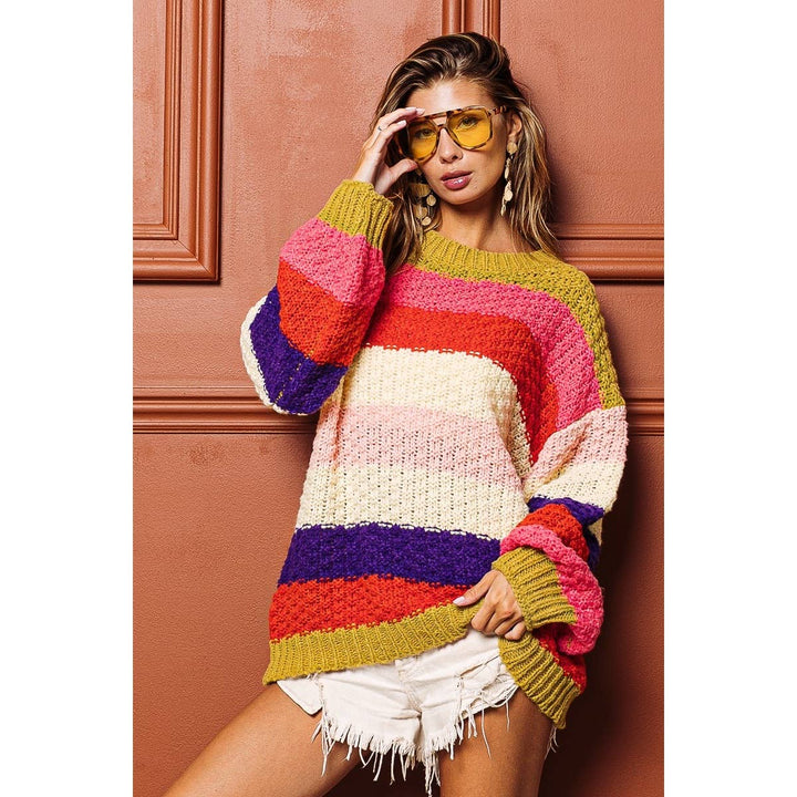 STRIPES COLOR BLOCK CHUNKY SWEATER PULLOVER