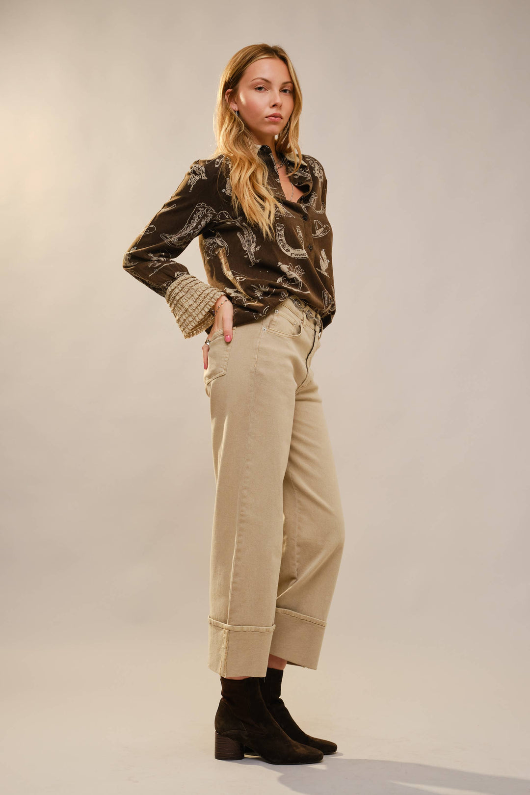 Western Printed Ruffle Cuff Shirt