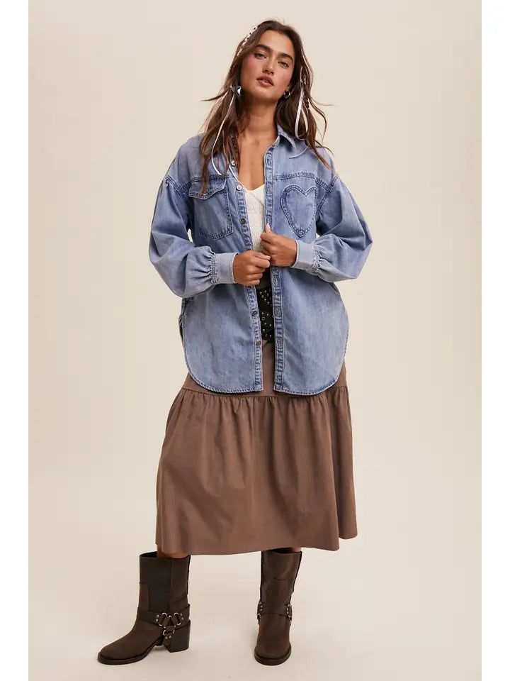 Heart Detail Oversized Denim Shirt