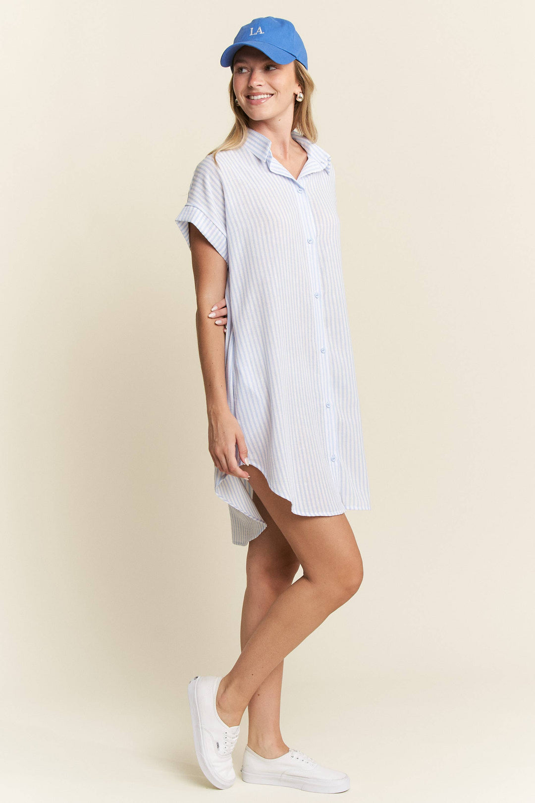 PLUS SIZE STRIPED PASTEL BUTTON DOWN MINI DRESS