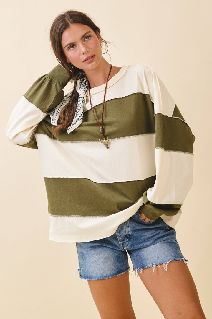 8551GN Contrast Panel Long Sleeve Slouchy Top