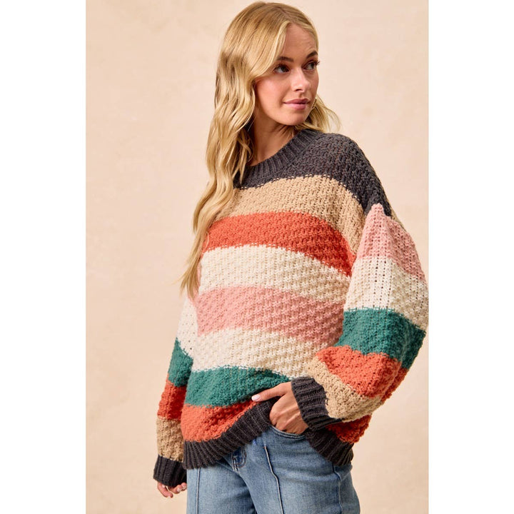 STRIPES COLOR BLOCK CHUNKY SWEATER PULLOVER