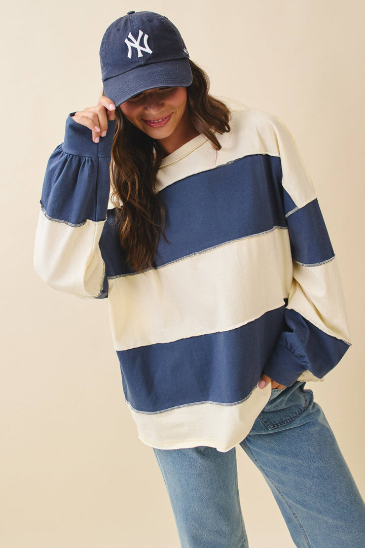 8551GN Contrast Panel Long Sleeve Slouchy Top
