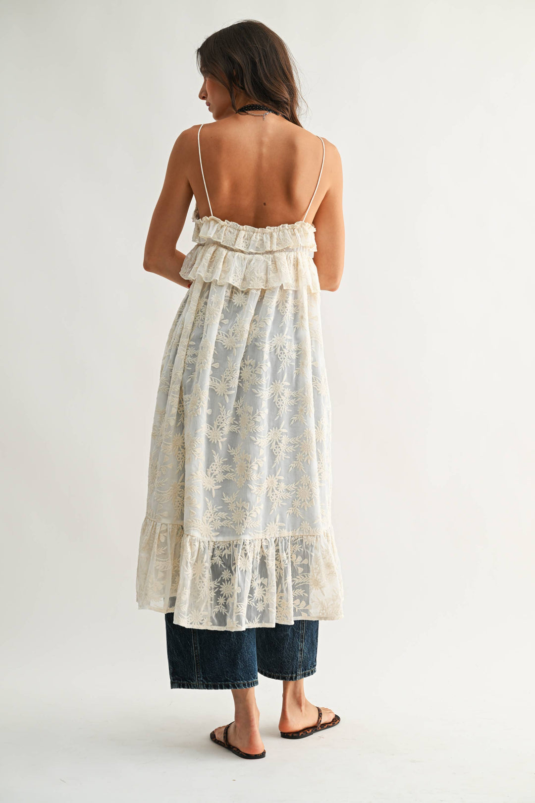 CJT27085 Sheer Floral Lace Ruffle Cover Up Top