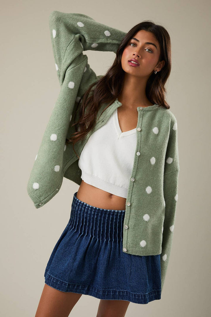 LONG SLEEVE CREW NECK POLKA DOT SWEATER CARDIGAN