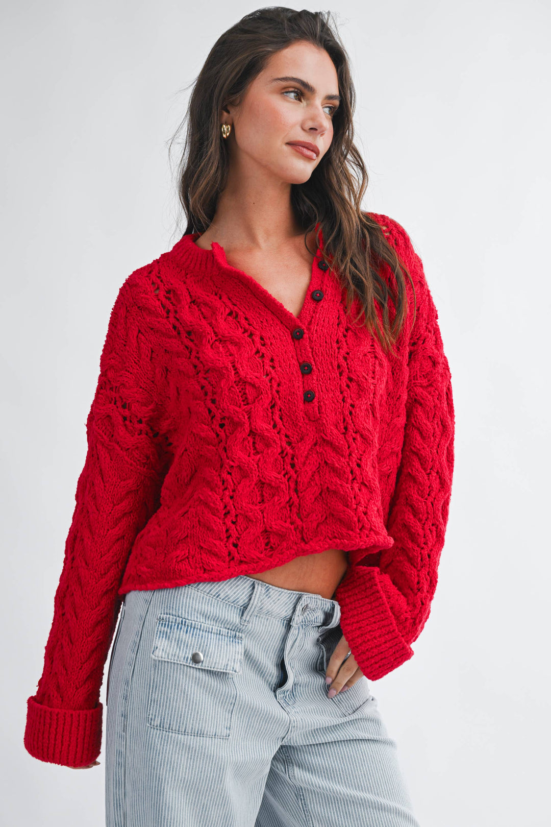 3463HK Textured Cropped Henley Knit Sweater