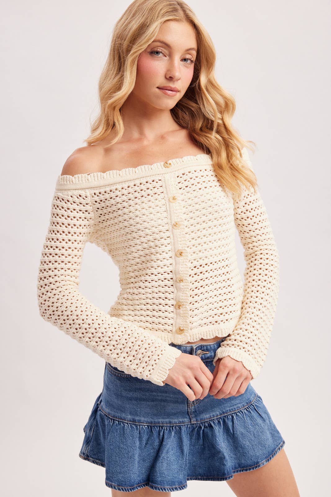 OPEN KNIT SCALLOPED TRIM OFF THE SHOULDER SWEATER TOP