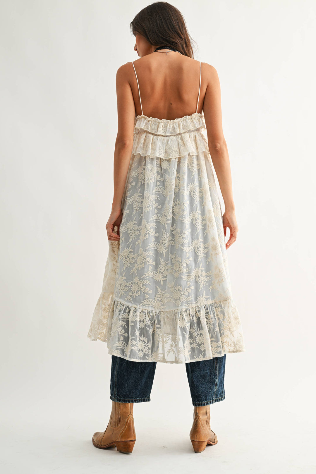 CJT27085 Sheer Floral Lace Ruffle Cover Up Top