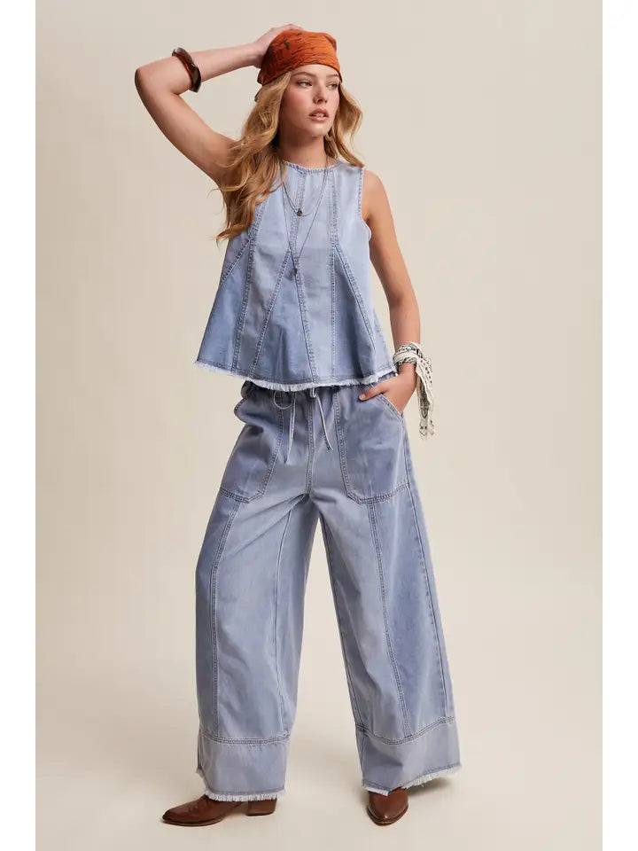 Washed Denim Tank & Wide-Leg Pants Set | Boho Western Denim Two-Piece