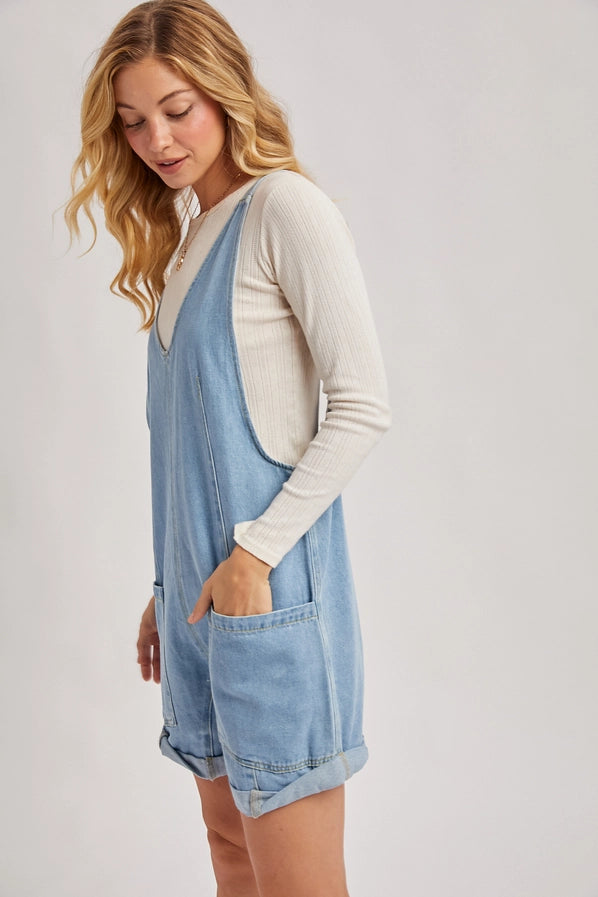 Denim Deep V-Neck Romper with Pockets