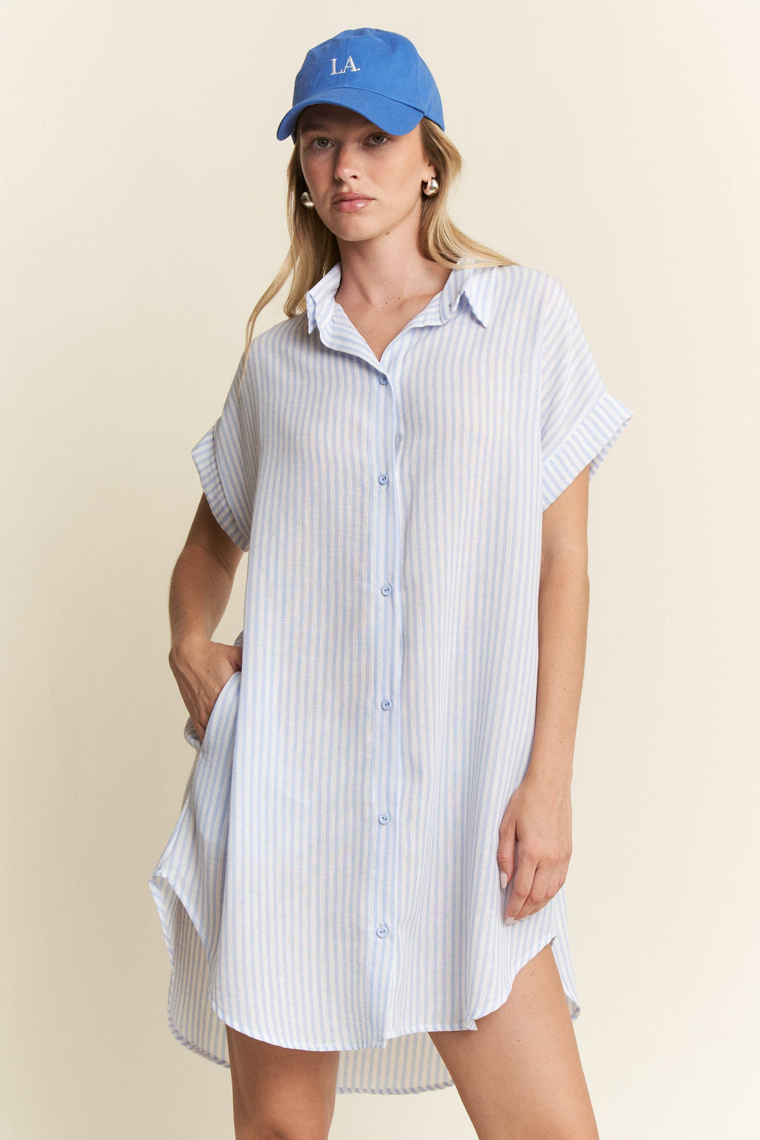 PLUS SIZE STRIPED PASTEL BUTTON DOWN MINI DRESS