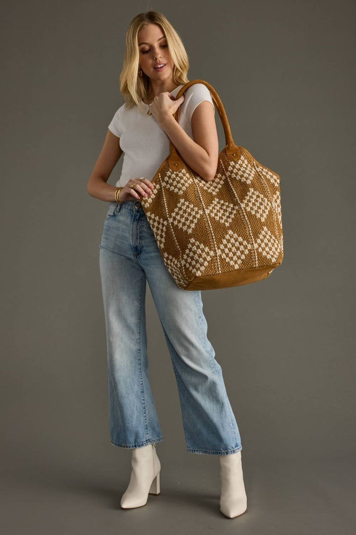 Brown & Cream Diamond Pattern Tote