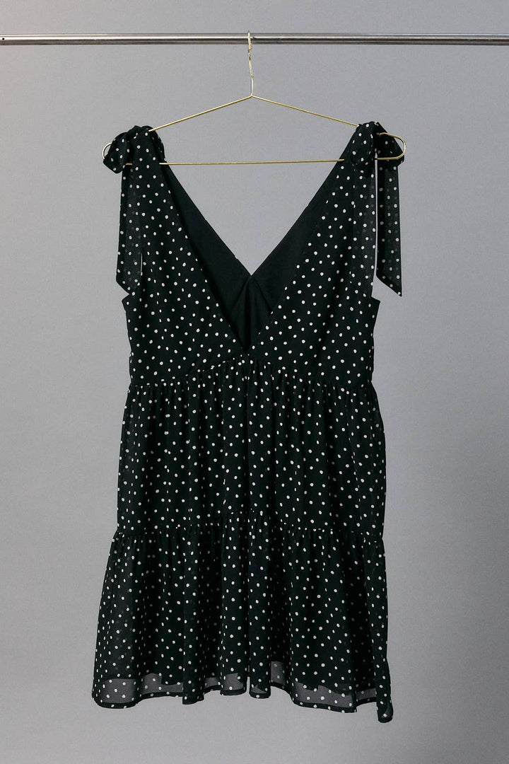 SLEEVELESS TIE SHOULDER STRAP TIERED POLKA DOT MINI DRESS