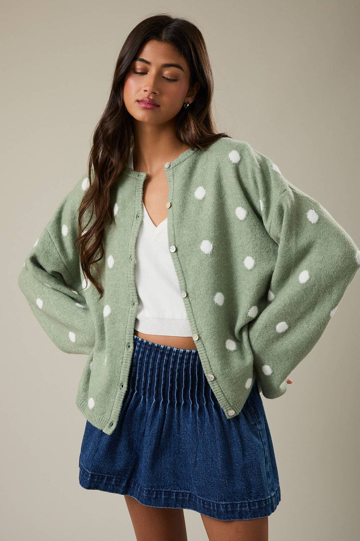 LONG SLEEVE CREW NECK POLKA DOT SWEATER CARDIGAN