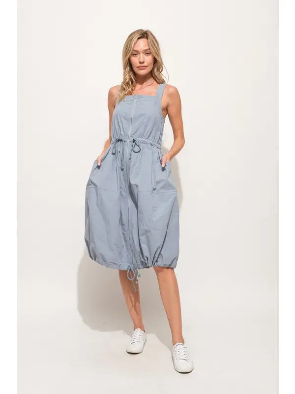Front Zipper Overall Dress | Adjustable Drawstring Utility Midi Dress