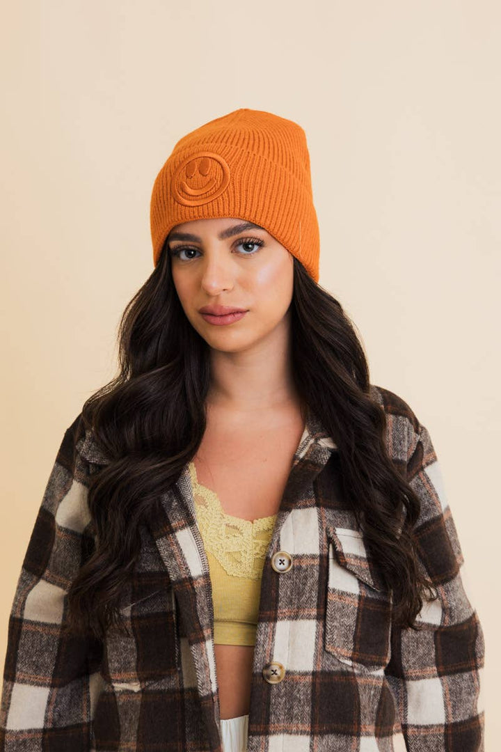 Happy Face Embroidered Ribbed Knit Beanie