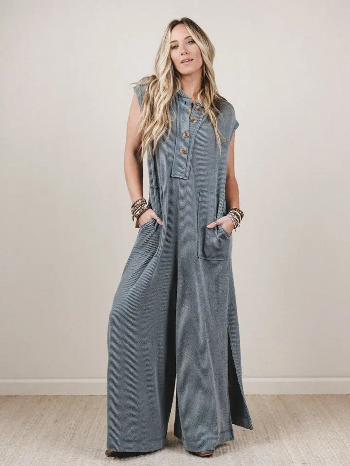 Madeline Textured Jumpsuit | Waffle Knit Wide-Leg Sleeveless Jumpsuit