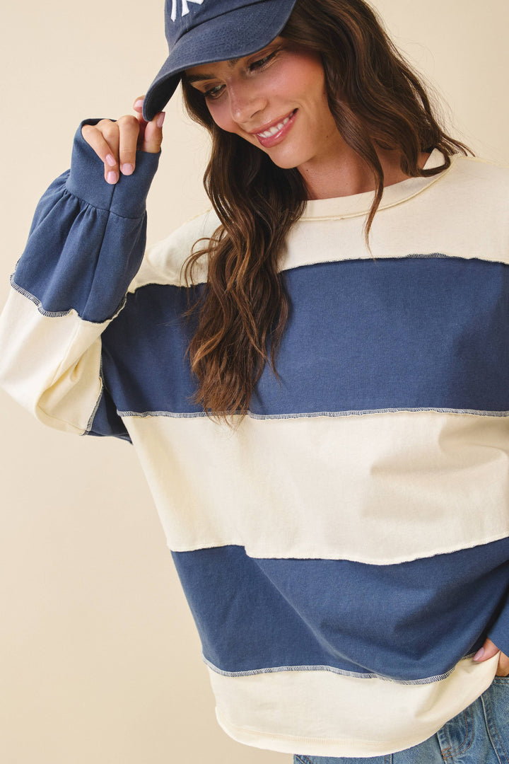 8551GN Contrast Panel Long Sleeve Slouchy Top