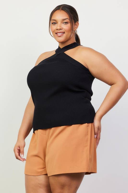 Plus Size Crossed Neck Sleeveless Sweater Top