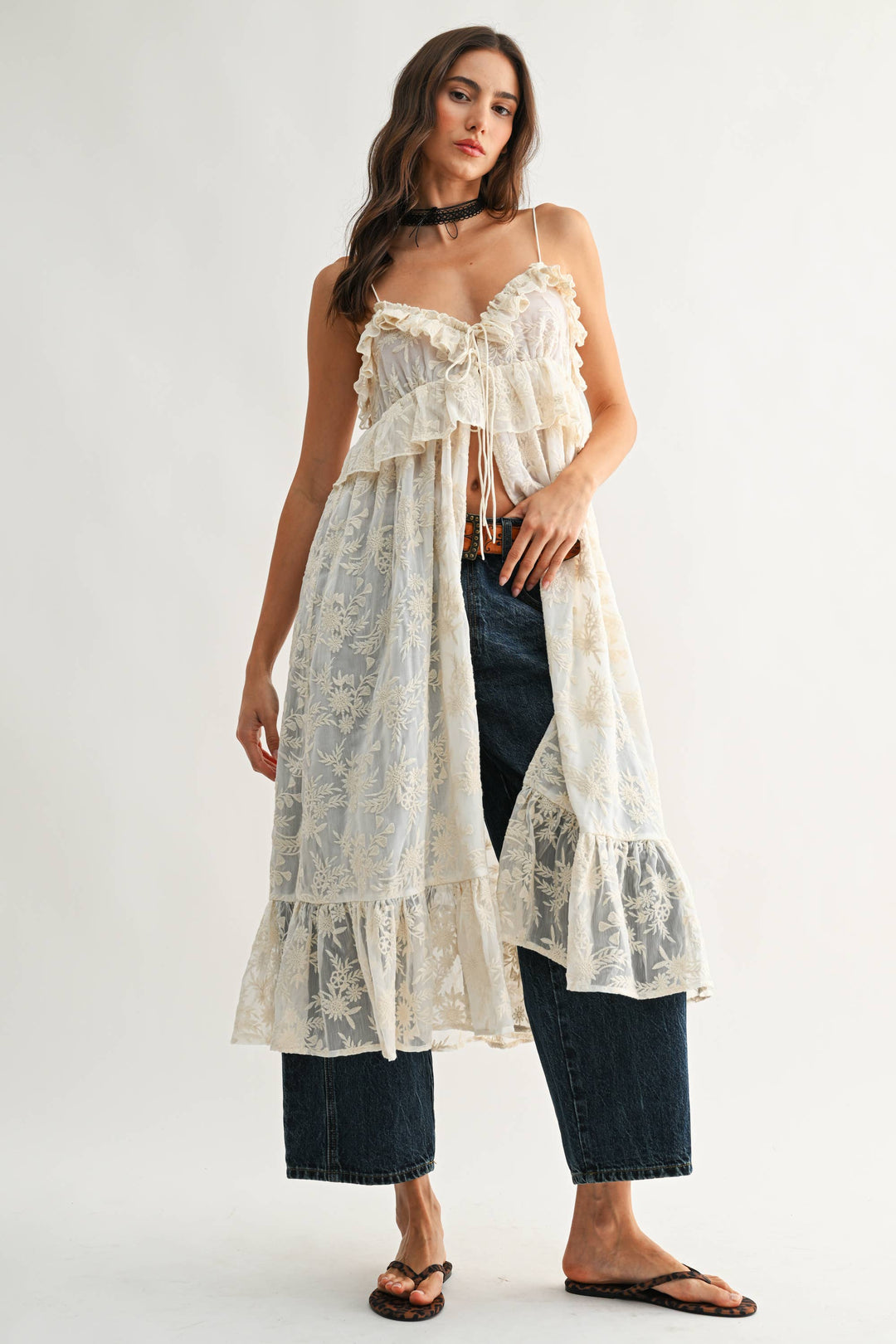 CJT27085 Sheer Floral Lace Ruffle Cover Up Top