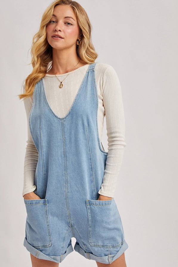 Denim Deep V-Neck Romper with Pockets