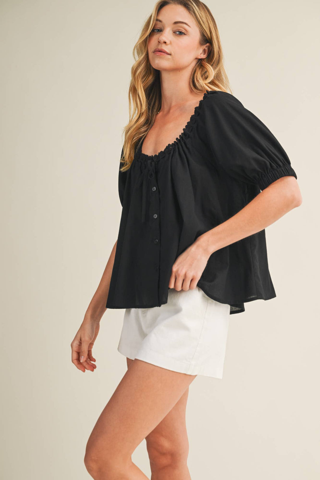 EYELET TRIM NECK PUFF SLEEVE TOP