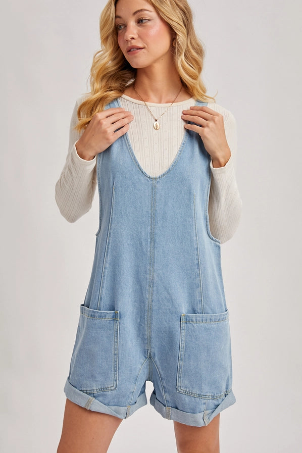 Denim Deep V-Neck Romper with Pockets