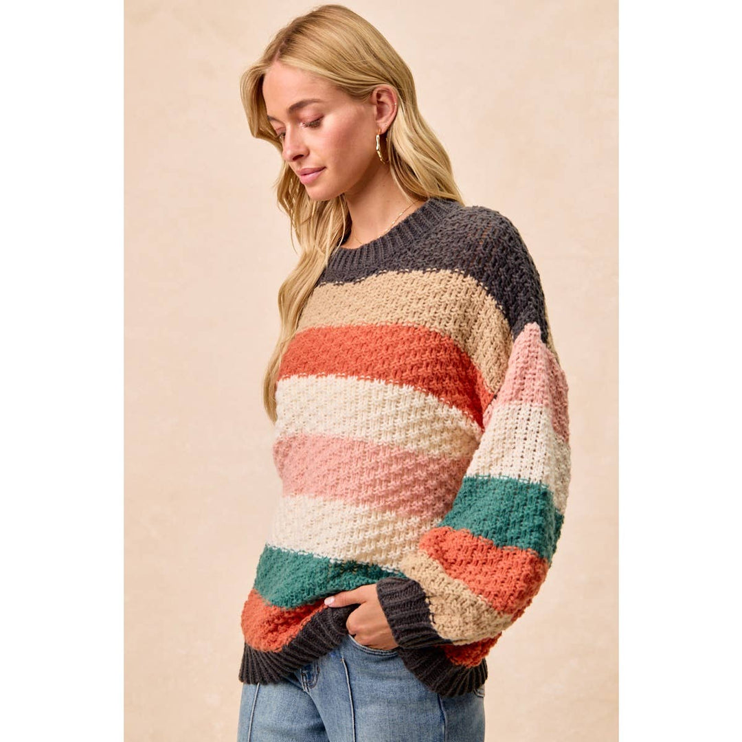 STRIPES COLOR BLOCK CHUNKY SWEATER PULLOVER