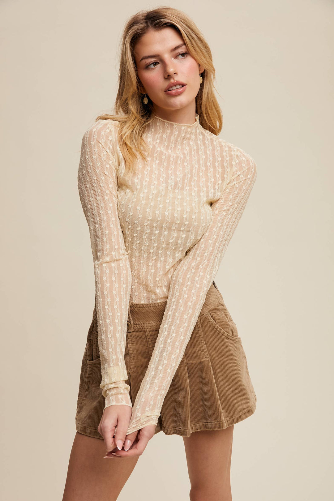Semi Sheer Textured Lace Long-Sleeve Layering Top LT1424