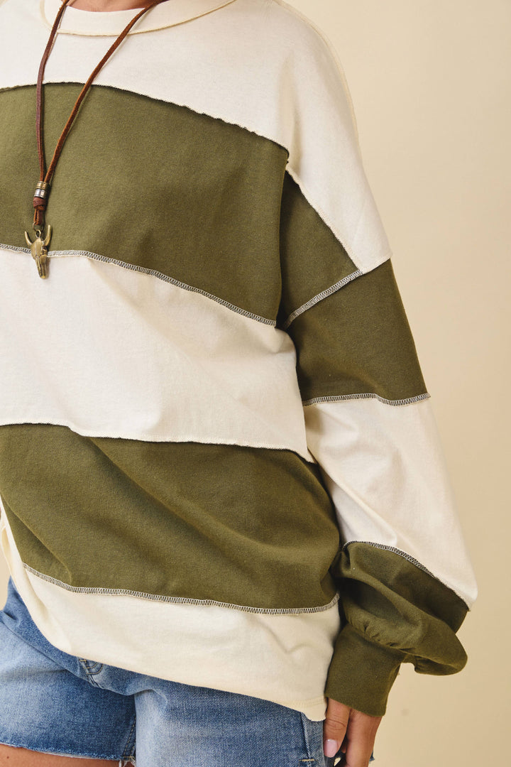 8551GN Contrast Panel Long Sleeve Slouchy Top