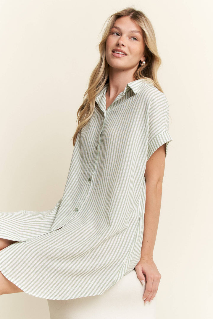 PLUS SIZE STRIPED PASTEL BUTTON DOWN MINI DRESS
