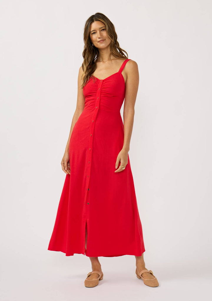 V-Neck Ruched Button Down Maxi Dress