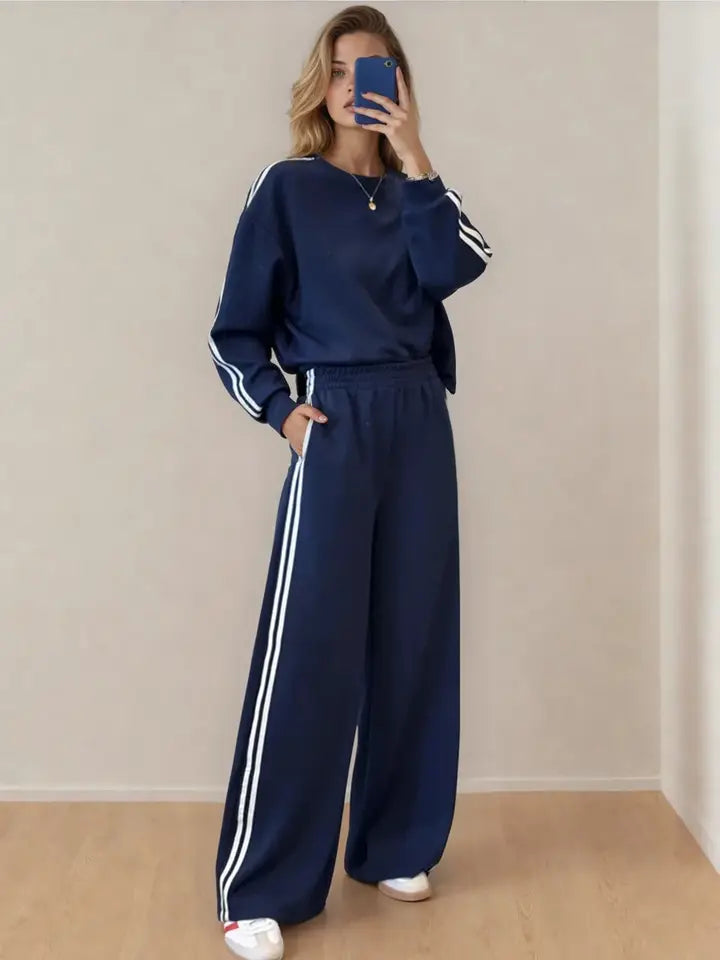 Blue Varsity Athleisure Set | Pullover Sweater & Wide-Leg Pants Matching Set