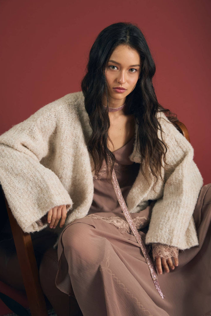 FUZZY KNIT BUTTON DOWN BOXY CARDIGAN SWEATER