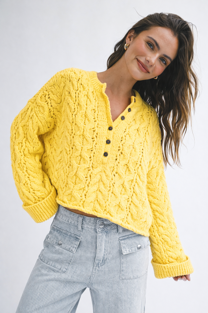 3463HK Textured Cropped Henley Knit Sweater