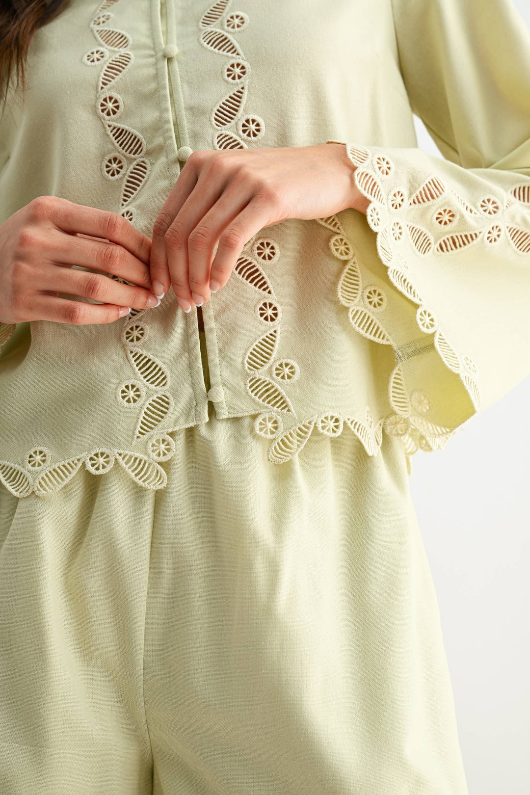 CS10207 Button-Front Lace Top and Short Set