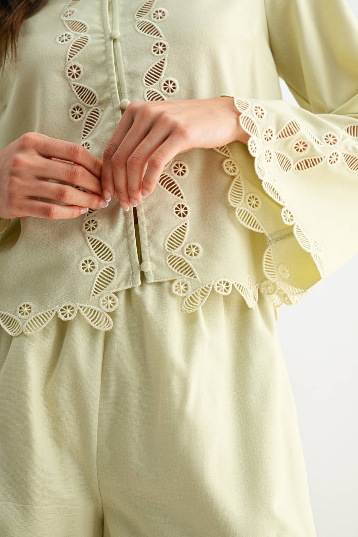 CS10207 Button-Front Lace Top and Short Set