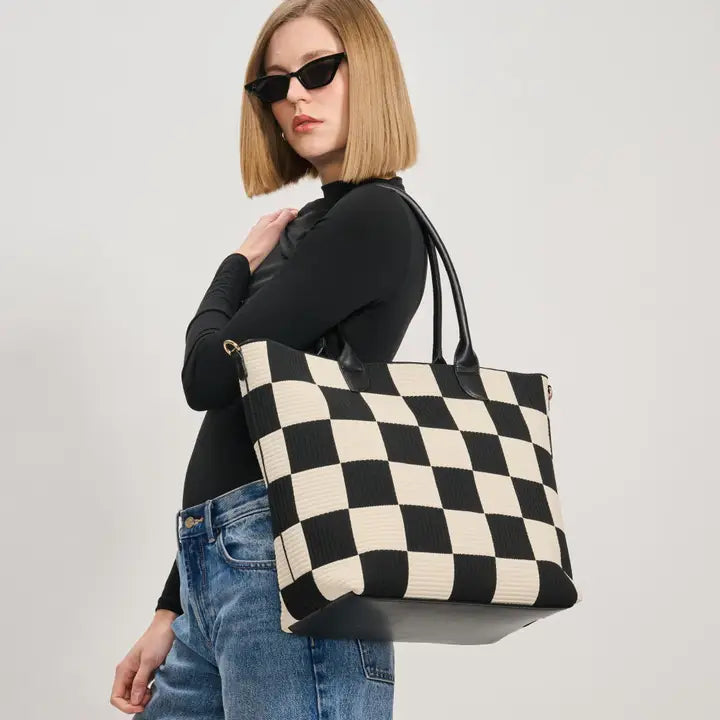 Betty Checkerboard Tote – Black & Cream