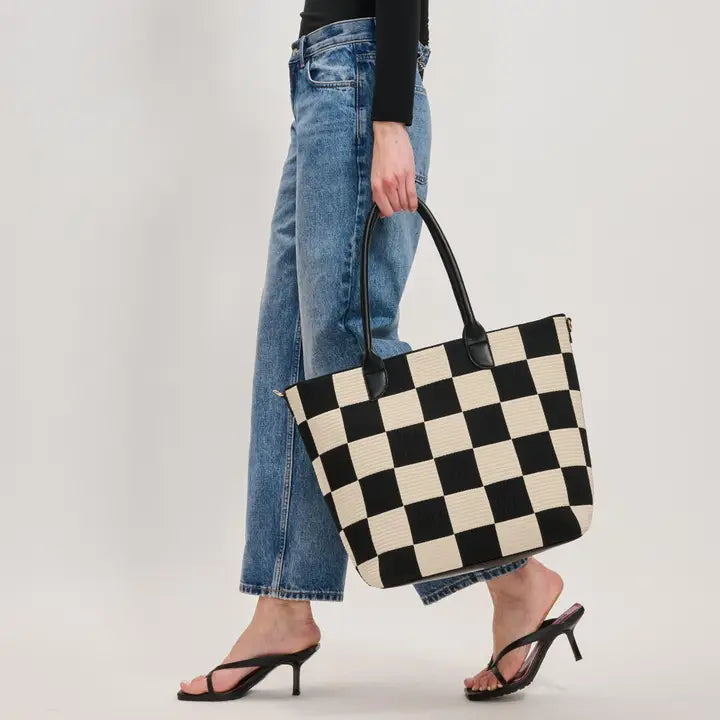 Betty Checkerboard Tote – Black & Cream