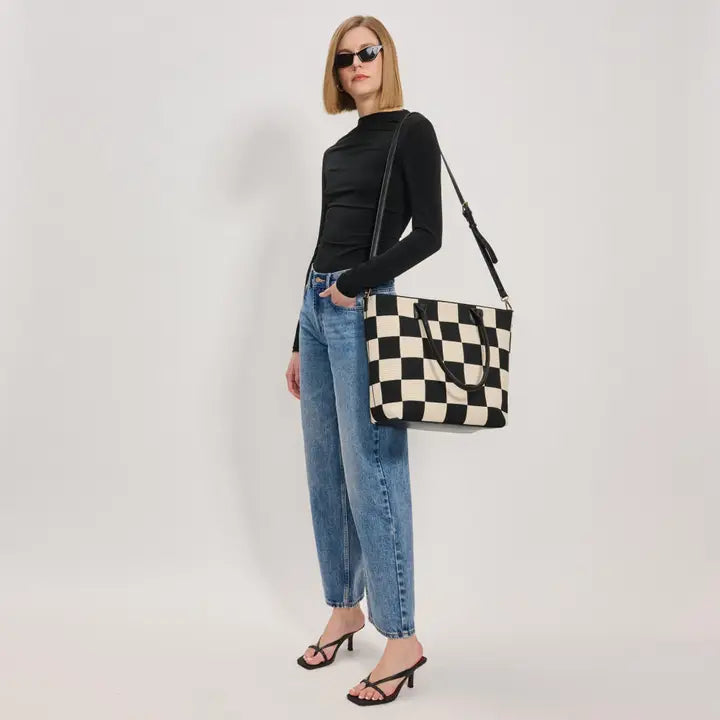 Betty Checkerboard Tote – Black & Cream