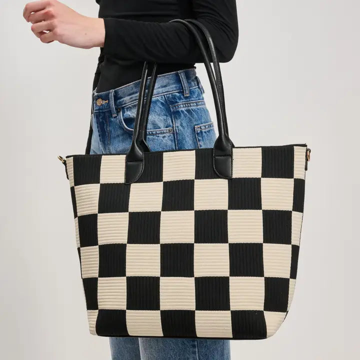 Betty Checkerboard Tote – Black & Cream