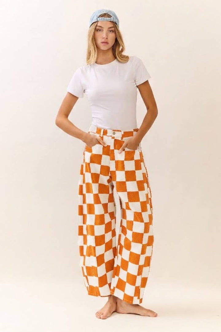 Checkered Printed Barrel Denim Pants