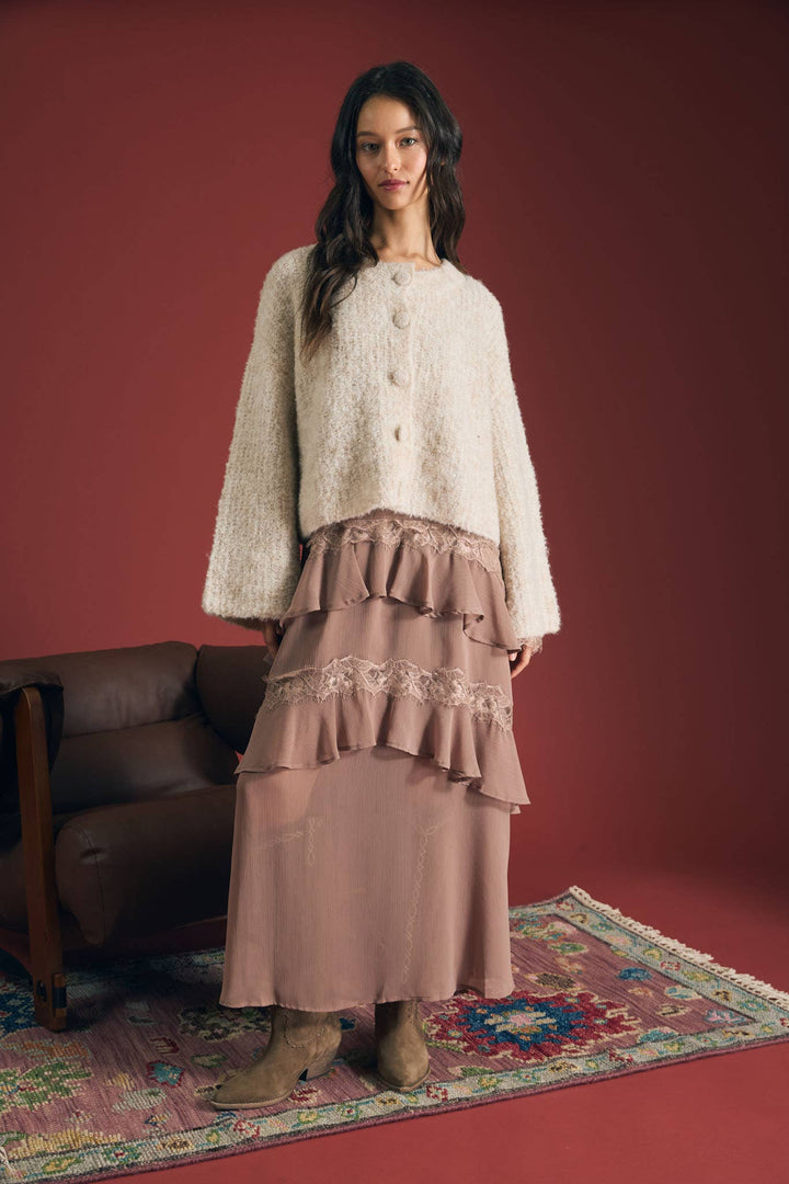 FUZZY KNIT BUTTON DOWN BOXY CARDIGAN SWEATER