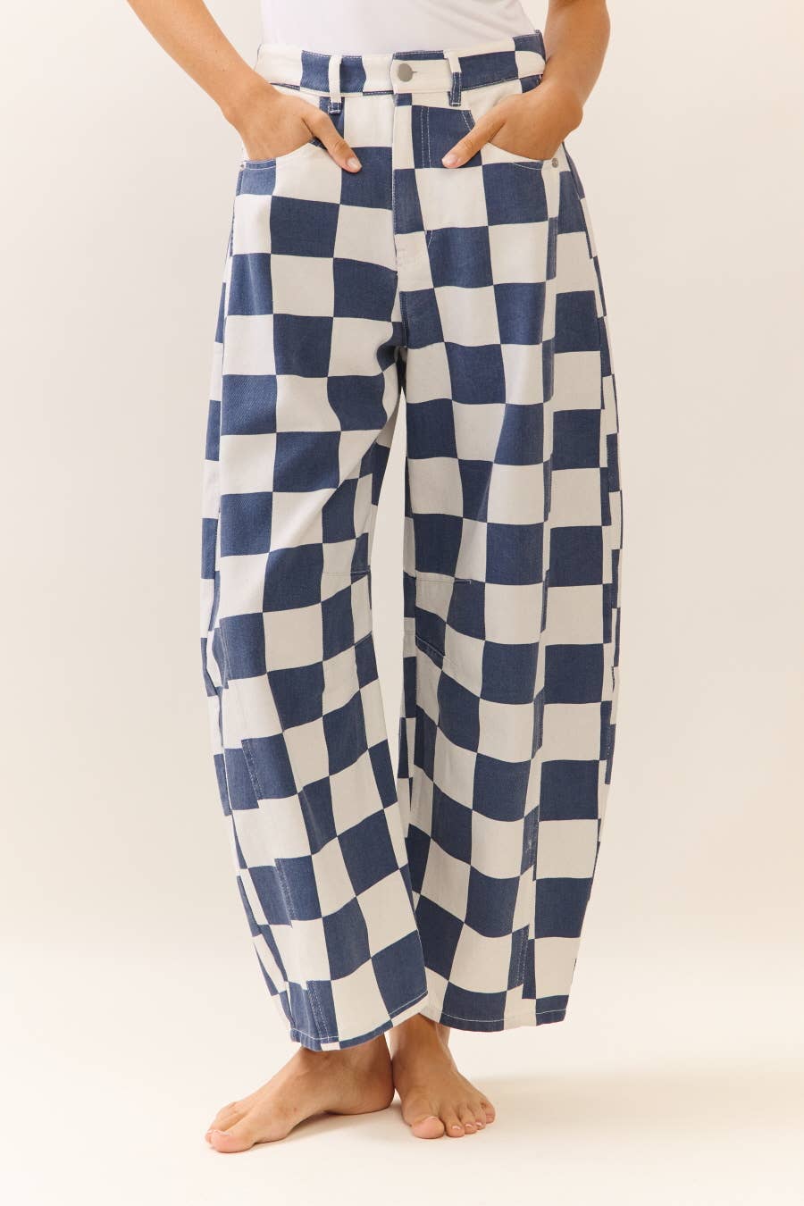 Checkered Printed Barrel Denim Pants