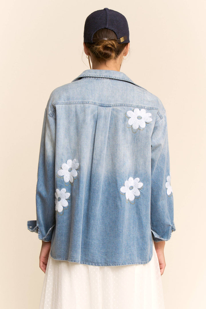 FLOWER EMBROIDERED BUTTON FRONT WASH DENIM SHIRT