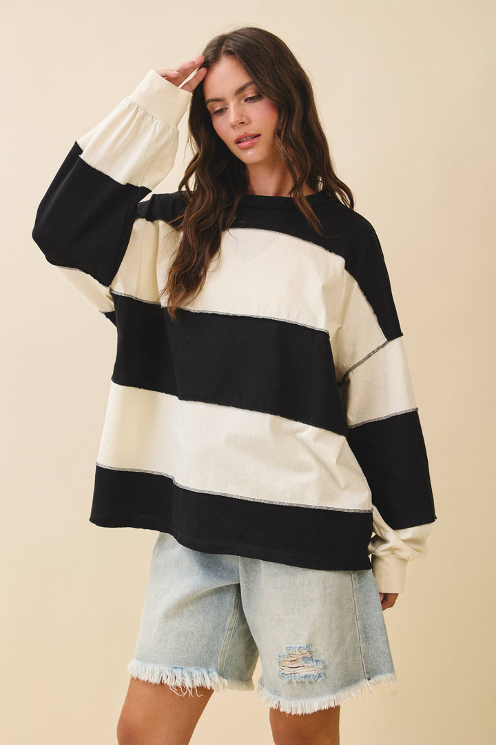 8551GN Contrast Panel Long Sleeve Slouchy Top